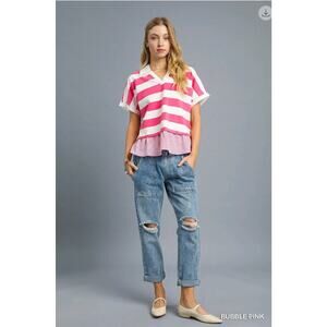 Umgee - Chic Contrast Stripe Collared Top - Large